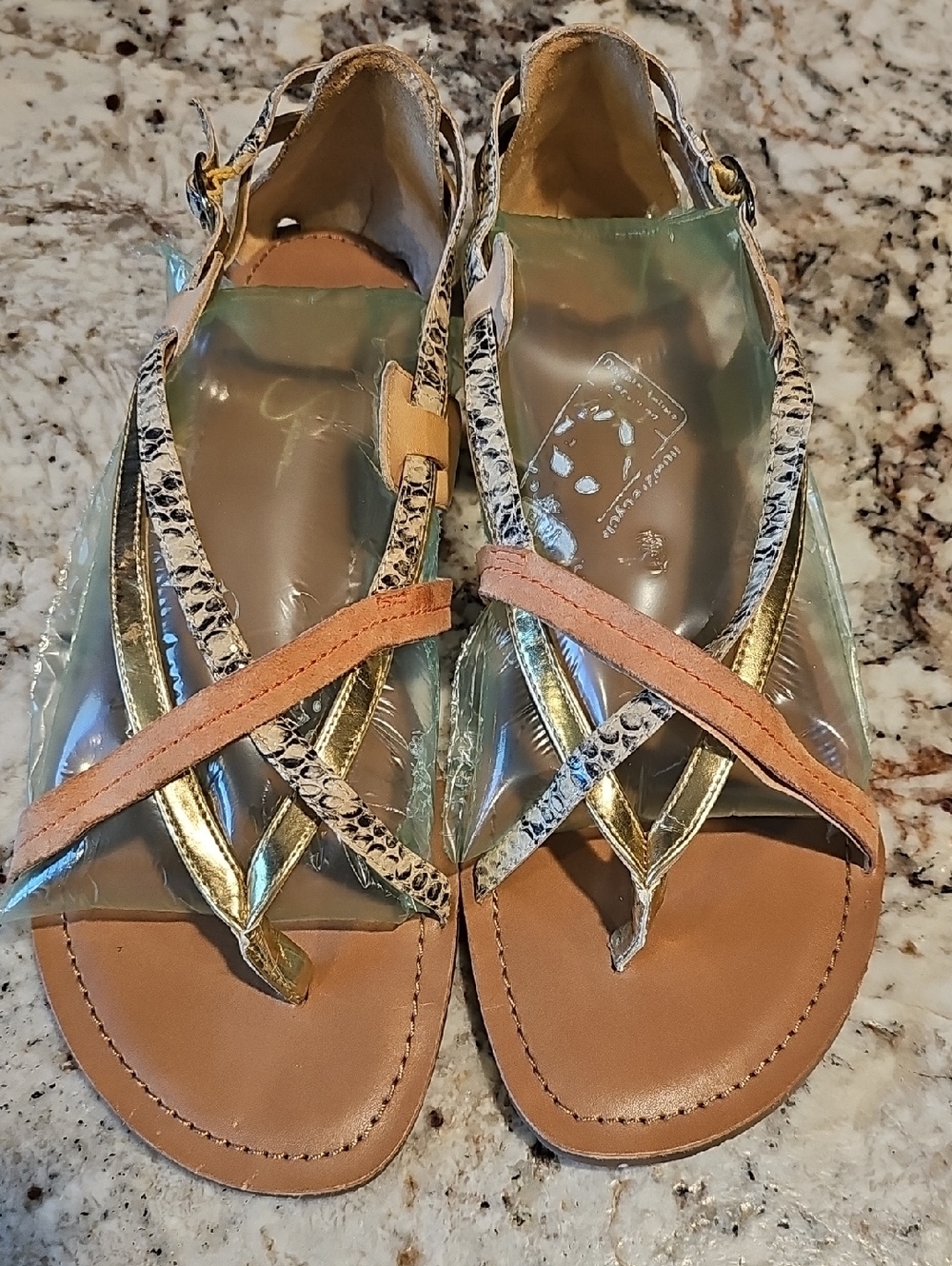 Jessica Simpson Gold, Tan & Snake-Print Strappy Sandals